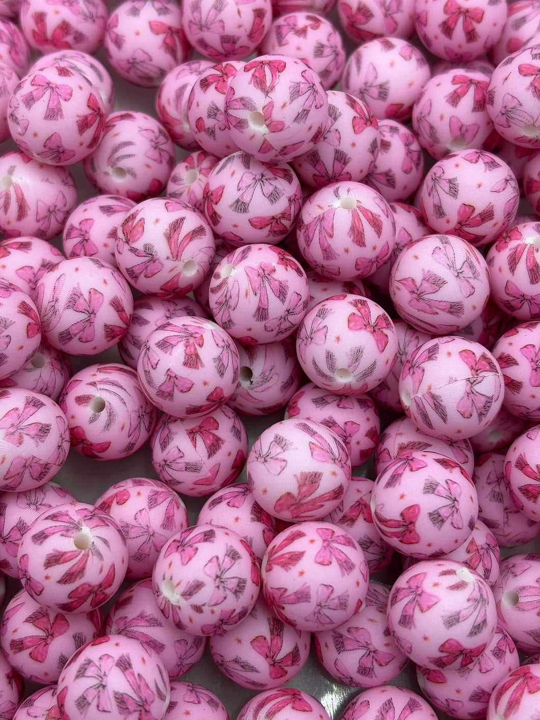 Pink Bow Print Silicone Beads - 15mm - 10 CT