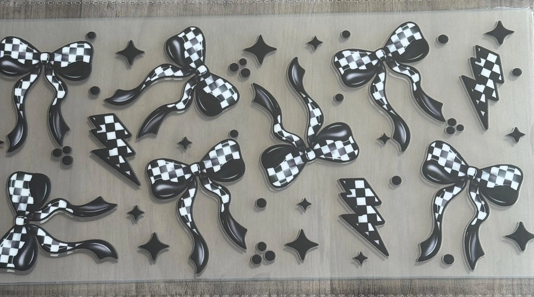 Black Checkered Bows UV DTF 16oz cup wrap - double sided - Permanent Decal - Ready to apply