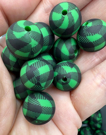Green/Black Plaid Silicone Beads