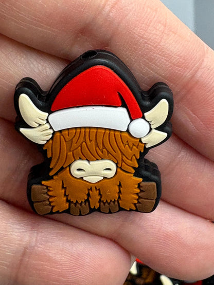 Highland Cow with Santa Hat Silicone Focal Bead