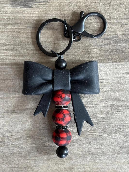 Black and Red Plaid Bow Keychain