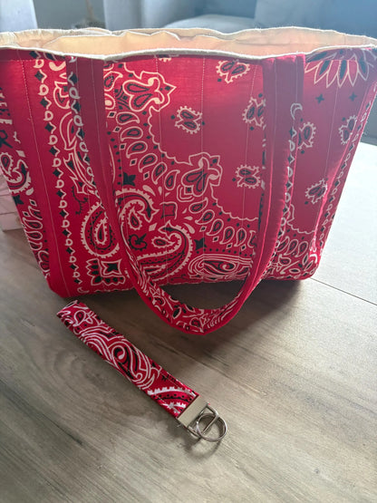 Red Bandana Quilted Tote Bag with Matching Wristlet Keychain