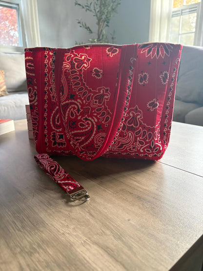 Red Bandana Quilted Tote Bag with Matching Wristlet Keychain