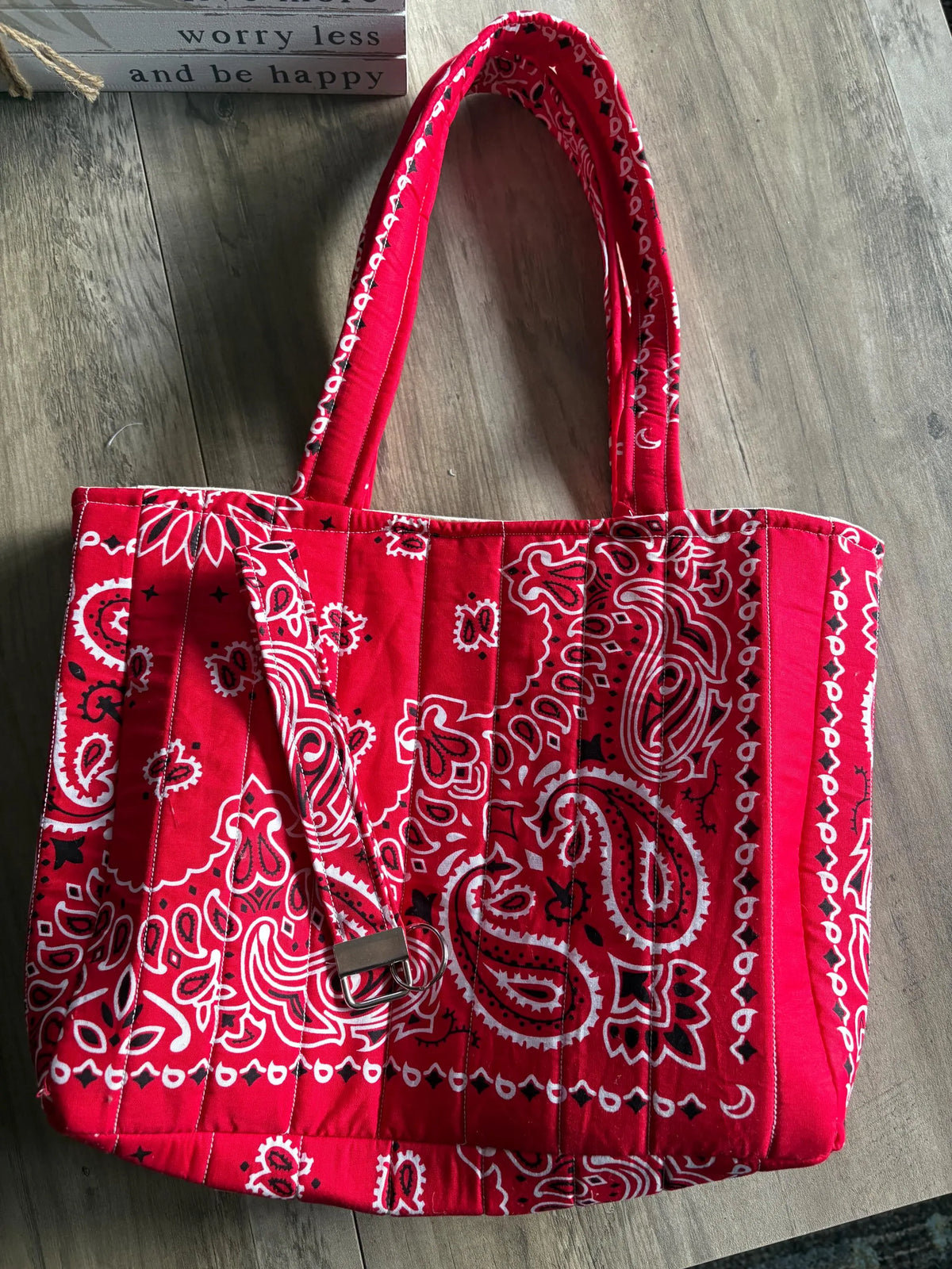 Red Bandana Quilted Tote Bag with Matching Wristlet Keychain