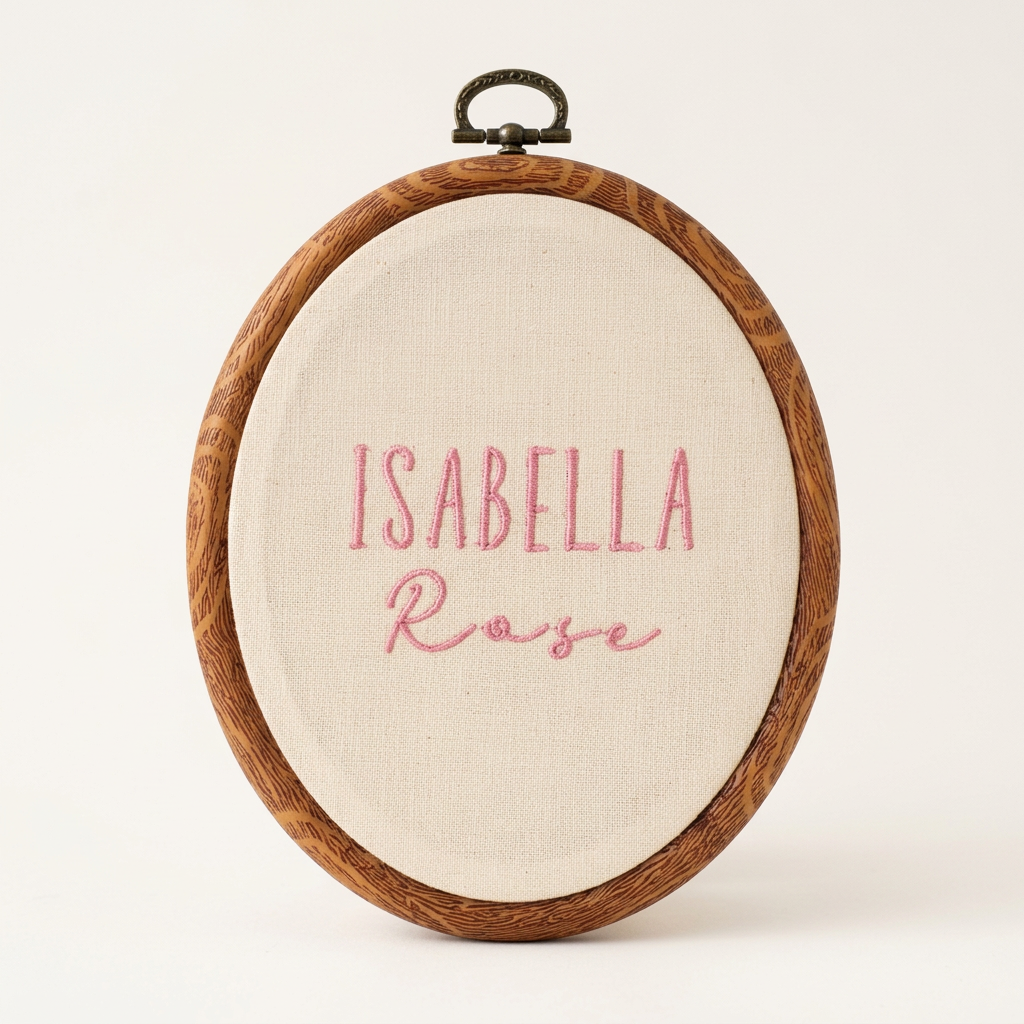 Oval woodgrain frame with pink Isabella Rose name embroidery on cream fabric